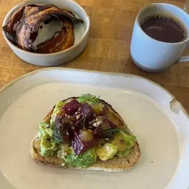 Avocado toast breakfast in Hovey & HarrisonColorado before rafting near Vail