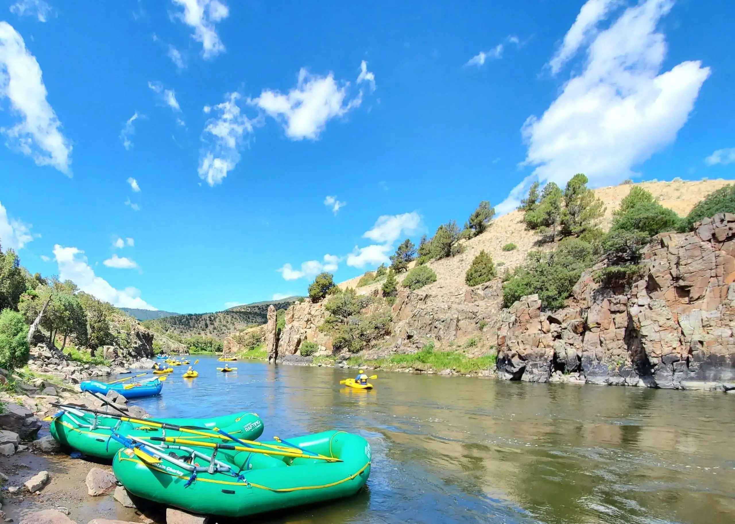 Inflatable kayaks on Upper Colorado River near Rancho Del Rio scenic float trip
